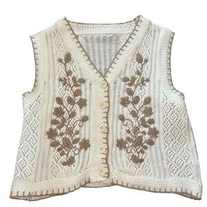 White Crochet Button Top with Brown Floral Appliqué
